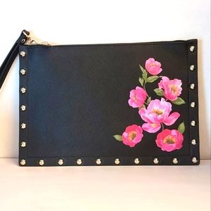 White House Black Market Clutch Purse Black with Pink Flowers and Studded Trim